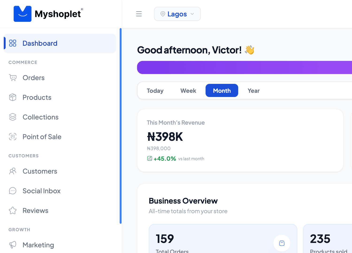 The Myshoplet dashboard: the sidebar listing orders, products, collections, point of sale, customers, social inbox and reviews, beside this month's revenue of ₦398K, up 45%
