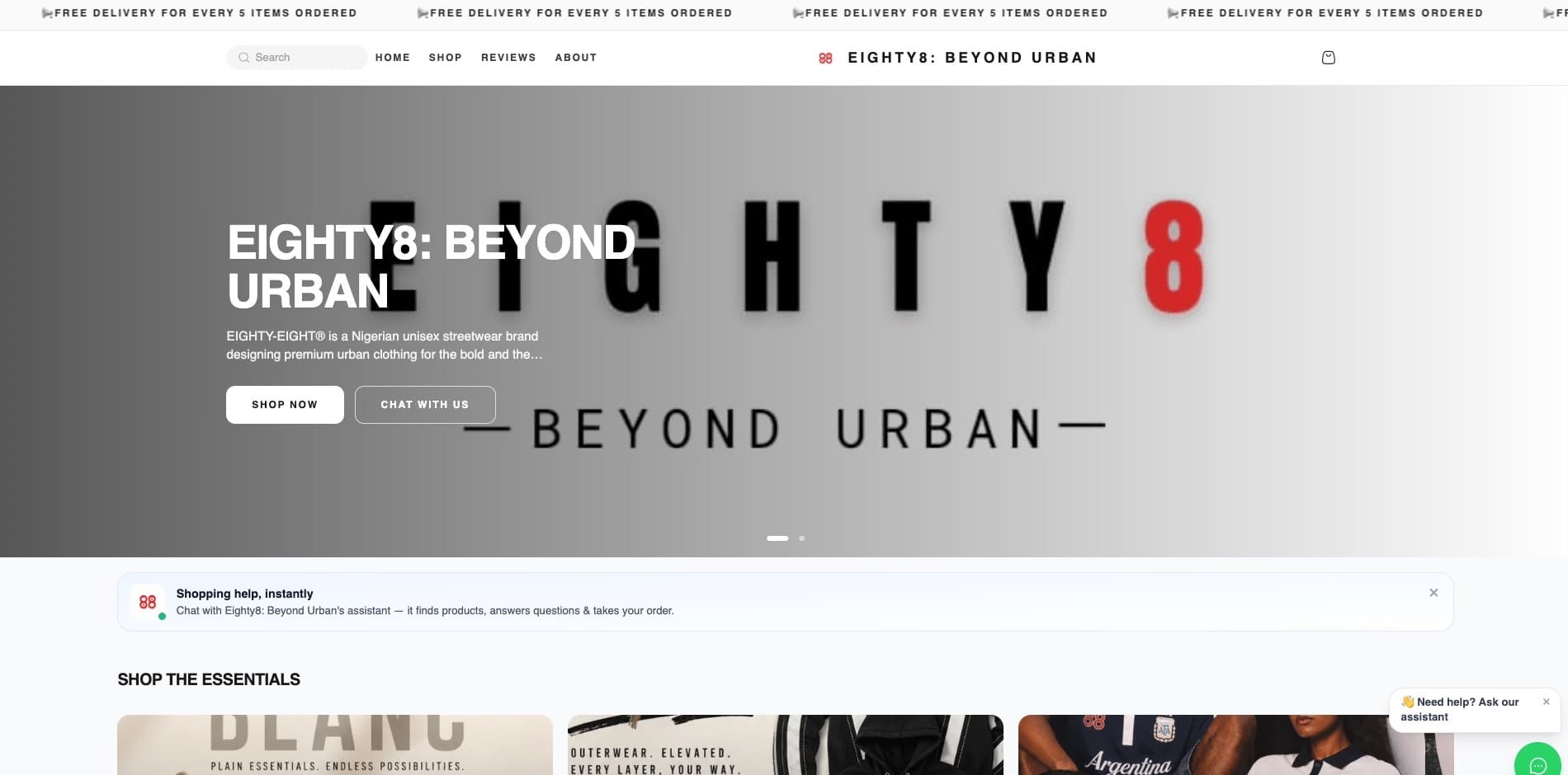 The Eighty8: Beyond Urban storefront on Myshoplet, showing the brand's hero and product collections