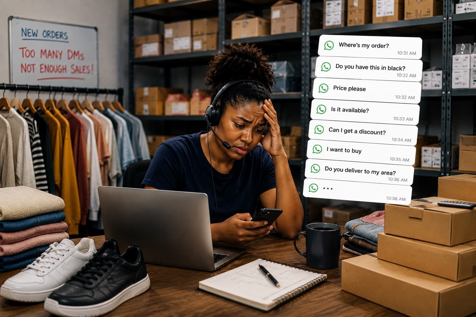 A seller overwhelmed by customer messages piling up on her phone beside her stock