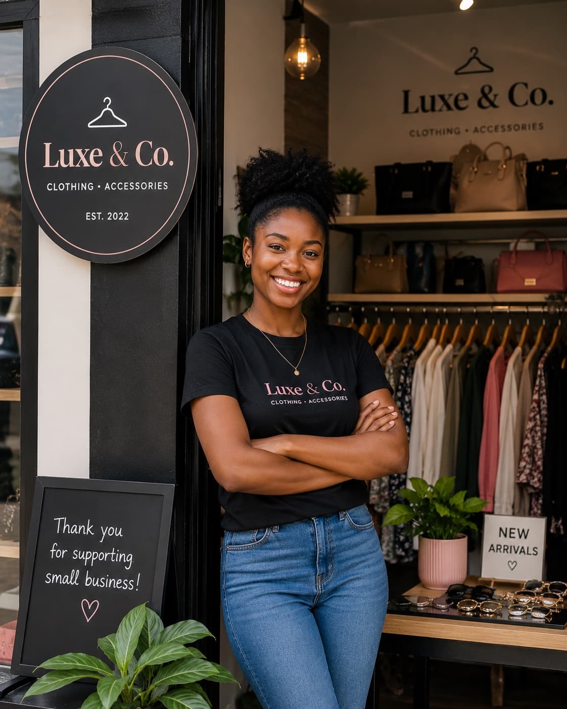 A shop owner standing in the doorway of her clothing and accessories store