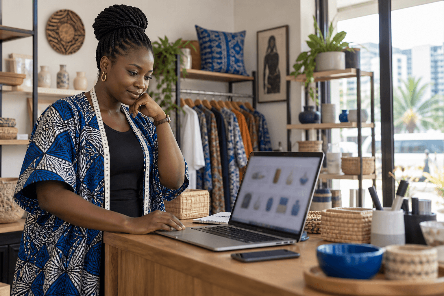 Illustrative image of a Nigerian business owner reviewing her online product catalogue from her shop