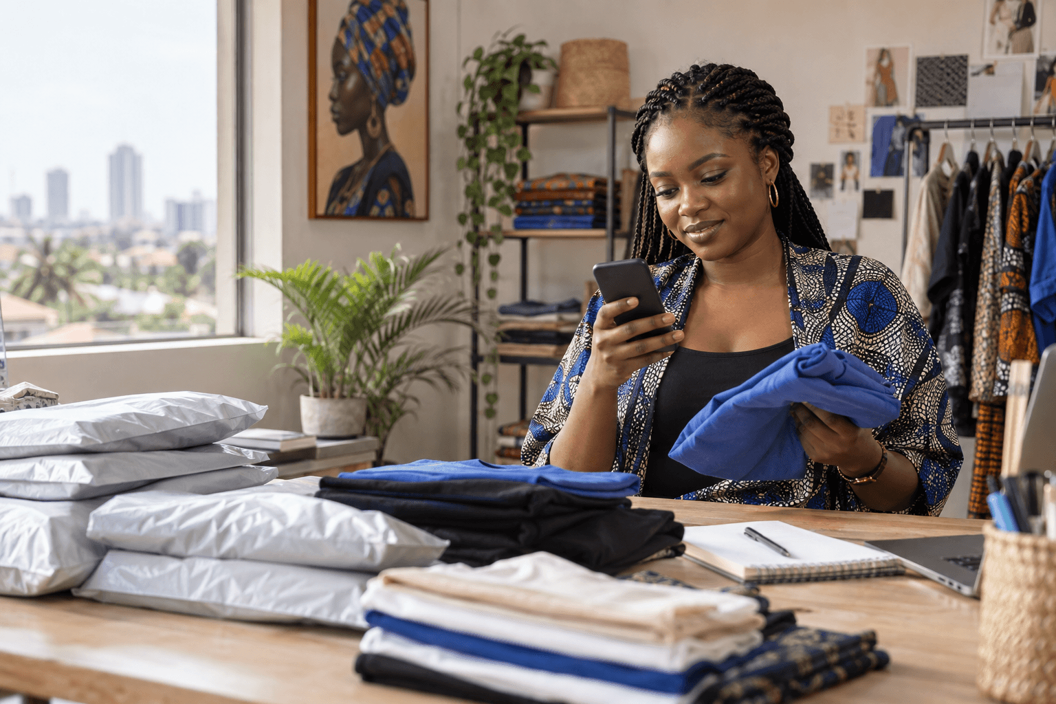 Illustrative image of a Nigerian fashion seller checking a customer message while preparing clothing orders